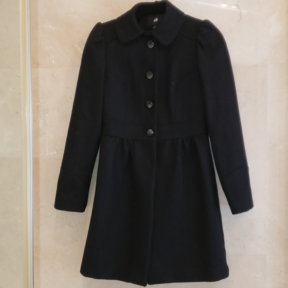 WOMEN'S H&M BLACK BABYDOLL PEPLUM LONG COAT JACKET
